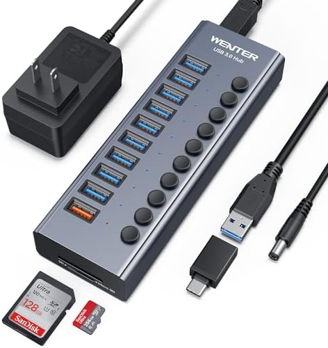 WENTER 10-Port USB Hub 3.0 with SD/TF Card Reader – Premium Aluminum Fast Charging Hub for High-Speed Data Transfer and Ultimate Device Connectivity – Perfect for PCs, Laptops, and Multitaskers