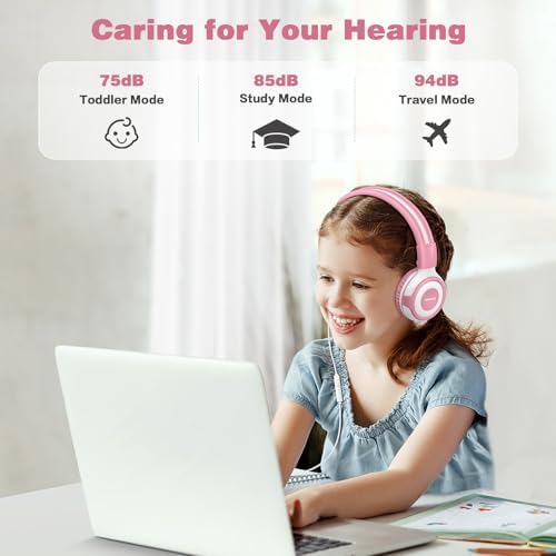 Chic Pink SIMOLIO Kids Headphones with Microphone – Volume-Limited Wired Design for Safe Listening – Adjustable Sound Levels (75/85/94 d B) for Hearing Protection – Perfect for School, Travel, and Home Use – Durable and Comfortable Fit for Active Young Listeners – Compatible with Smartphones & Tablets for Versatile Use