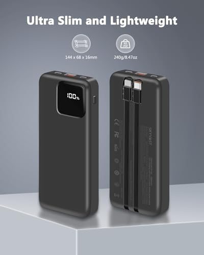 Compact 10,000 m Ah Power Bank with Built-in Cables and 22.5 W Fast Charging – Essential Travel Charger for i Phone, i Pad, Samsung, Google Pixel, LG & More – LED Battery Status Display – Ultimate On-the-Go Charging Solution