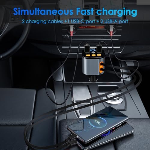 Ultimate 5-in-1 Fast Car Charger with Bluetooth 5.3 FM Transmitter – 90 W Retractable Charging Hub for i Phone 15/14/13 – Hands-Free Calling and Dual USB Ports for Seamless Connectivity and Quick Charging – Compact Black Design for Enhanced In-Car Experience