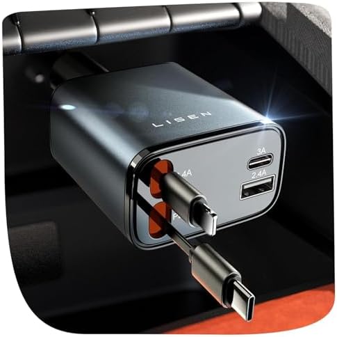 LISEN 69 W Retractable Car Charger for i Phone 16 – Fast USB-C Charging Adapter for Trucks and Cars, Tangle-Free Design, Essential Travel Accessory for Rapid Power Boost, Compatible with i Phone 16, 15, 14, 13, 12 Pro Max, Durable and Efficient