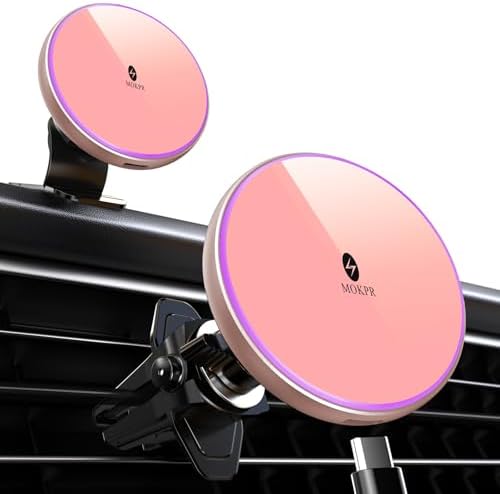 MOKPR 15 W Mag Safe Car Charger & Magnetic Phone Holder – Effortless Fast Wireless Charging with Dynamic LED RGB Lighting for i Phone 15/14/13/12 Series – Stylish Dash & Air Vent Mount for Enhanced Driving Experience and Convenient Accessibility