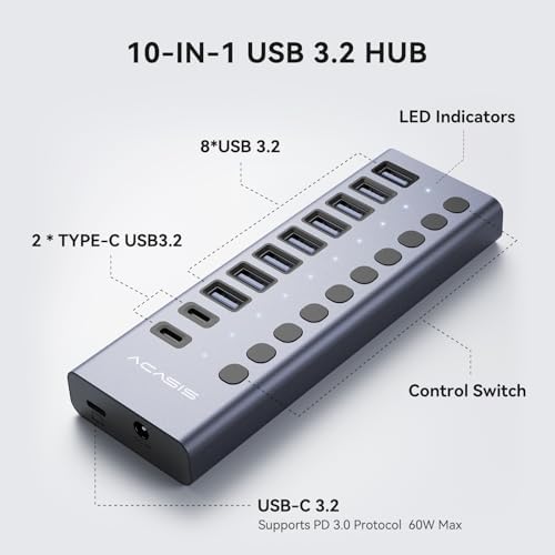 Unleash Your Productivity with the ACASIS 10-Port USB C Hub – Ultra-Fast 10 Gbps Data Transfer, 60 W Power Adapter, Individual Port Control, and Stylish Aluminum Build for Seamless Multi-Device Connectivity in Any Professional Environment