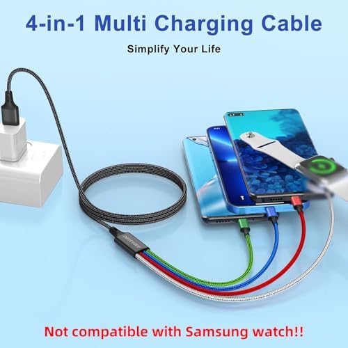 2 Pack 4-in-1 Multi Charging Cable for Apple Watch & i Phone – Travel-Ready Nylon Braided USB C & Micro Compatibility – 4 FT Length for Enhanced Flexibility and Fast Charging – Ideal for Galaxy Android Devices and On-the-Go Power Needs
