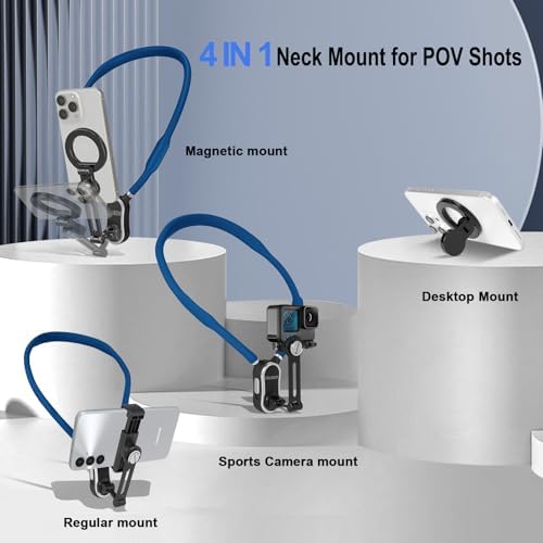 Magnetic Neck Phone Holder – 4-in-1 Hands-Free Mount for i Phone, Android, and Go Pro – Enhanced POV & Vlog Recording Accessory with Adjustable Comfort Neckband – Lightweight & Travel-Friendly Design for Effortless Content Creation – Ideal for Adventurers and Creators