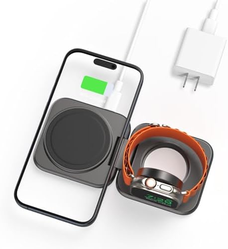 Compact 2-in-1 Foldable Wireless Charger Stand for Apple Devices – KUXIU Aluminum Magnetic Charging Station with 5 W Fast Charging for i Phone 15/14/13/12 Pro/Max, Apple Watch 9/8/7/Ultra2, and Air Pods Pro – Ultimate Portability and Enhanced Compatibility for Travelers