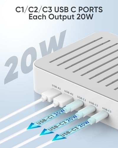 MSTJRY 90 W 5-Port USB C Charging Station for Diverse Devices – Fast Charge 20 W Per Port for i Phone, i Pad, Air Pods & Android – Compact Multi-Device Charger with Built-in Safety Features for Home, Office, and Travel Use