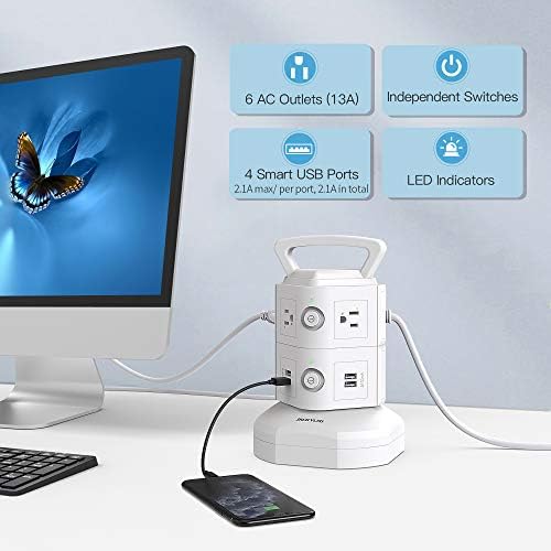 JACKYLED Power Strip Tower Surge Protector with 12 Outlets and 6 USB Ports (2 USB-C) – High-Speed Charging Station with 1050 Joules Protection, 1625 Watts, 6.5 ft Extension Cord for Enhanced Home Office Efficiency and Device Safety