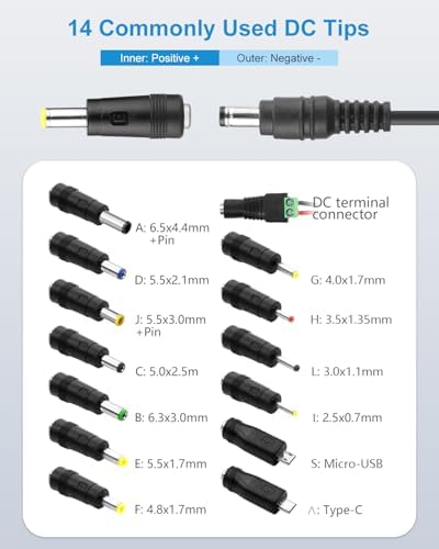 Universal 12 V AC/DC Power Adapter – 4 A High-Efficiency Converter with 14 Interchangeable Tips for LED Strip Lighting, CCTV Cameras, Monitors & Routers – Global Voltage Compatibility (100-240 V) for Optimal Performance and Versatile Power Solutions