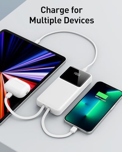 26800 m Ah High-Capacity Portable Fast Charger with Built-in Cables – 22.5 W Power Bank Featuring PD 3.0 & QC 4.0, LED Display for Real-Time Power Monitoring, Ultimate Travel Essential for i Phone, Samsung, Google Devices – Multi-Device Charging with Safety Protections and Universal Compatibility