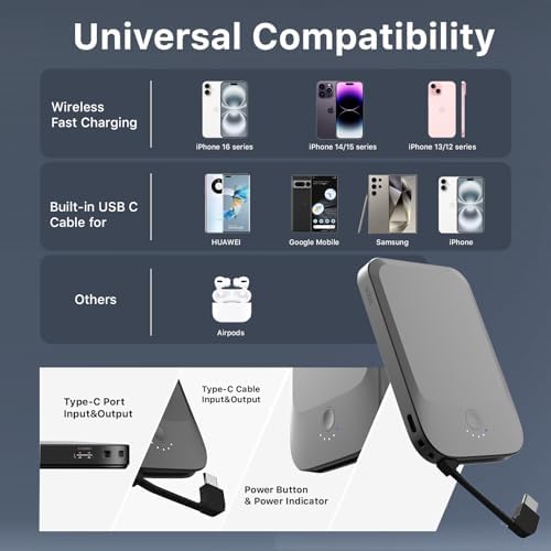 NOBIS 5000 m Ah Slim Magnetic Power Bank with Built-In USB-C Cable – Wireless Portable Charger for Quick Charge 3.0 and Mag Safe Compatibility – 22.5 W Fast Charging Solution for Android and i Phone Users on the Go