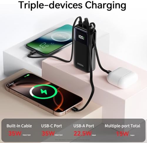 10,000 m Ah Portable Power Bank with Integrated USB-C Cable – Ultra-Fast Charging Solution for i Phone 16/15, Mac Book, Galaxy, i Pad & Air Pods – Your Essential Travel Power Companion with Superior Device Compatibility and Speed