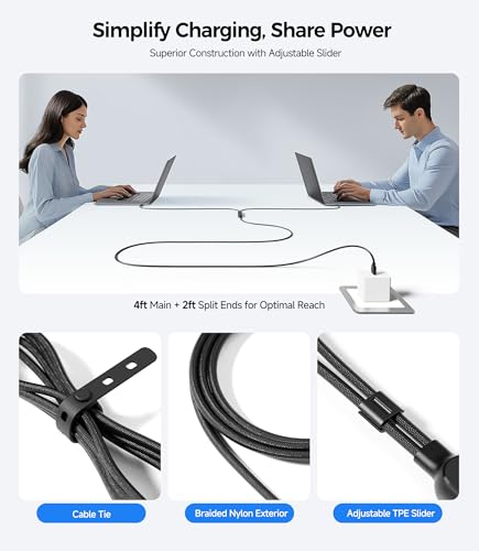 Cable Matters Braided USB C Multi Charging Cable – 6ft, 140W Smart Power Allocation, Supports Charging & 480Mbps Data Transfer, USB C Power Splitter Compatible with MacBook Pro, XPS, iPad, iPhone – Enhanced Compatibility and Speed