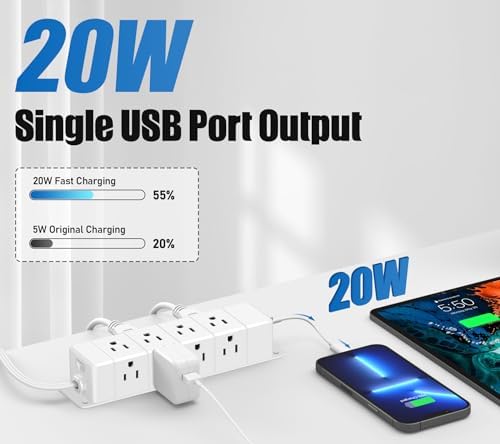 Maximize Workspace Efficiency with the 45 W USB-C Fast Charging Power Strip – 12 Outlets, 4 USB Ports, 1200 J Surge Protection, and 6 FT Flat Extension Cord for Seamless Under Desk Mounting and Enhanced Device Compatibility