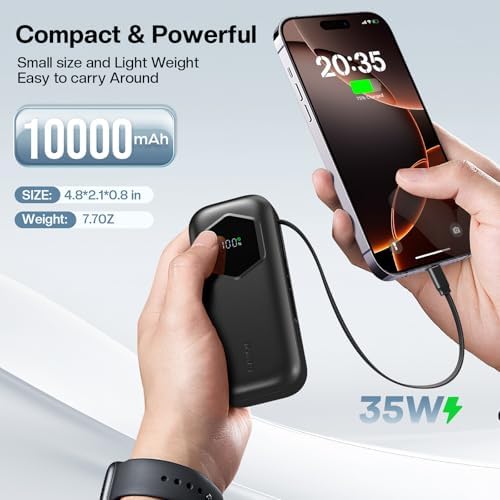 Ultra-Fast 2025 Portable Power Bank 10000 m Ah with Integrated Retractable PD Cable – 35 W Quick Charge Solution for i Phone, Samsung, Android, i Pad & Mac Book – Dual Device Charging Capability & Intelligent LED Power Indicator (Chic Blue)