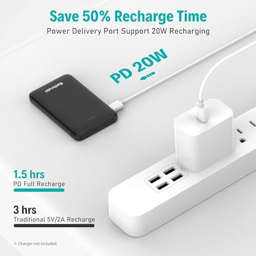 Ultra-Slim 20 W Fast Charging Power Bank with Built-in USB C Cable – 6000 m Ah Lightweight Portable Charger for i Phone 16, 15, Samsung & Android Devices – Essential Travel Battery Pack for On-the-Go Power Needs
