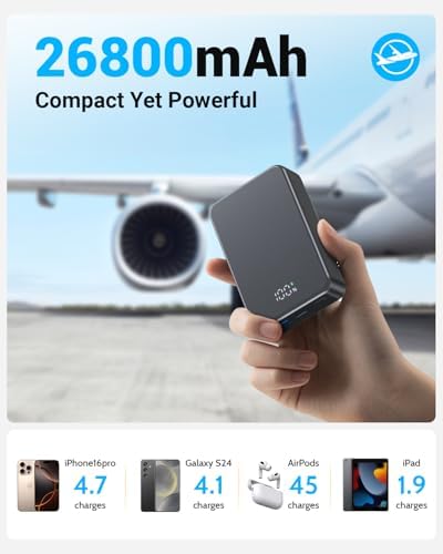 26800 m Ah Magnetic Power Bank – Premium Aluminum Alloy Portable Charger with 20 W USB-C Fast Charging for i Phone 12-16 Series, Sleek Silvery Gray, Effortless Wireless Charging for On-the-Go Power Solutions