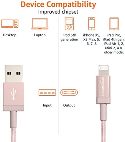 Experience Ultimate Charging Efficiency with the Amazon Basics 6-Foot USB-A to Lightning Charger Cable – MFi Certified, Durable Nylon Braided Design for Fast Power Delivery to Apple i Phone 14, 13, 12, 11, X, Xs Pro, Pro Max, Plus, i Pad – Stylish Dark Gray Finish for Enhanced Compatibility