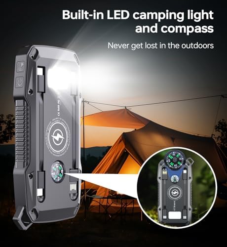 10,000 m Ah Solar Power Bank with Motion Sensor Alarm – 22.5 W Dual USB-C Fast Charging, Waterproof & Rugged for Outdoor Adventures – Includes LED Flashlight & Essential Cables for Hiking, Camping, and Emergencies