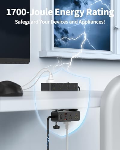 Maximize Your Workspace Efficiency: Dual Layer Desk Clamp Power Strip & Surge Protector with 17 AC Outlets and 7 USB Ports (3 USB-C) – 10 ft Extension Cord for Flexible Setup, 1700 J Protection – Ultimate Space-Saving Charging Station for Home and Office