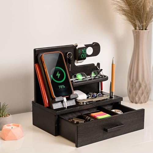 TESLYAR Wood Phone Docking Station with Drawer – Nightstand Organizer – Desk Organizer for Husband – Birthday Gifts for Men, Dad, Anniversary Idea, Key Holder Stand Watch & Accessories (Bourbon Brown) – Enhanced Compatibility and Speed