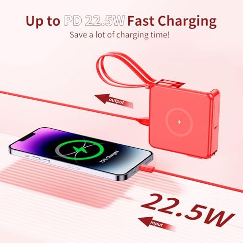 Ultimate 10,000 m Ah Portable Charger with Built-in Cables & AC Plug – PD 22.5 W Fast Wireless Power Bank for i Phone 16/15/14, Samsung S23/S22, Android Devices – Effortless Charging Anytime, Anywhere