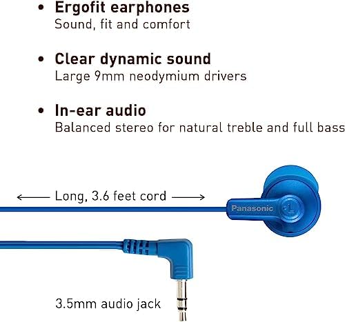 Panasonic Ergo Fit Wired Earbuds with Microphone – Superior Sound Quality with Ergonomic Comfort, Universal 3.5 mm Jack Earphones for Phones and Laptops in Stylish Metallic Purple – Custom-Fit Earpieces (S/M/L) for Optimal Audio Experience and Hands-Free Calls – RP-TCM125-VA