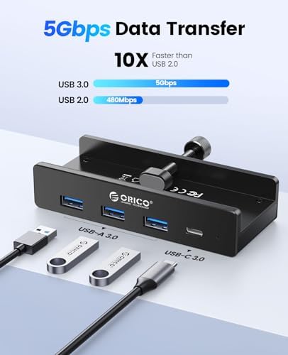 Transform Your Workspace with the ORICO USB Hub 3.0: Premium 4-Port Aluminum Clamp Adapter with Dedicated Power Supply for USB-A & USB-C Devices – High-Speed Data Transfer & Unmatched Compatibility for Enhanced Productivity