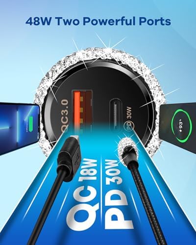 Stylish Pink Bling USB C Car Charger – 48 W Power Delivery & Quick Charge Dual-Port Adapter with 3.2 FT Type-C Cable for i Phone 16, 15 Pro Max, i Pad, Samsung Galaxy & Android Devices – Ultimate Fast Charging Solution for On-the-Go Convenience and Enhanced Compatibility