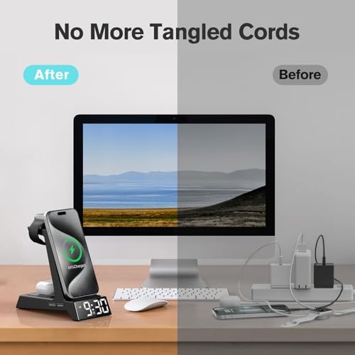 Revolutionary 3-in-1 Wireless Charging Station with LED Alarm Clock – Simultaneous Charging for i Phone 16-11 Pro Max, Apple Watch Series 10-5, and Air Pods Pro 4-2 – Space-Saving Nightstand Dock with Adjustable Brightness, Phone Case Compatibility, and Enhanced Safety Features – Perfect for Home, Office, and Travel