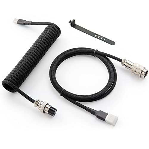 GUNMJO Pro Custom Coiled USB C Cable for Gaming Keyboards – Premium Double-Sleeved Mechanical Keyboard Accessory with Detachable Metal Aviator, 1.5 m USB-C to USB-A in Sleek Carbon Black – Ultimate Speed, Durability, and Aesthetic Upgrade for Gamers