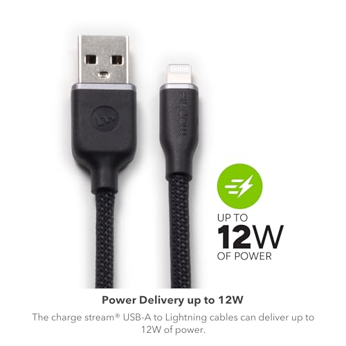 mophie Charge Stream 6 ft USB-A to Lightning Silicone Cable – Advanced Braided Design with Enduraflex™ for Ultimate Durability, Rapid 12 W Power Delivery, and Universal Device Compatibility for Seamless Charging Experience