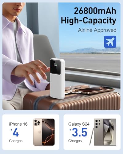 26800 m Ah High-Capacity Portable Fast Charger with Built-in Cables – 22.5 W Power Bank Featuring PD 3.0 & QC 4.0, LED Display for Real-Time Power Monitoring, Ultimate Travel Essential for i Phone, Samsung, Google Devices – Multi-Device Charging with Safety Protections and Universal Compatibility