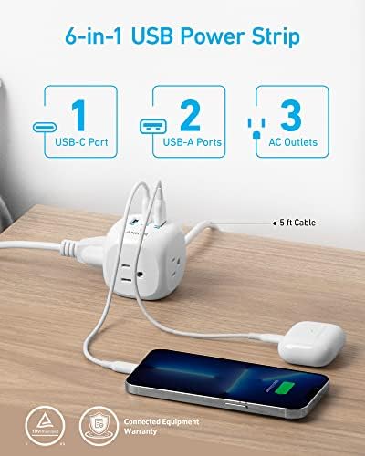 Anker 321 Power Strip: 20 W USB-C Fast Charger, 3 AC Outlets, 5 ft Extension Cord for i Phone 15 Series – Ideal Power Solution for Dorm Rooms & Home Offices with Enhanced Surge Protection and Efficient Power Delivery