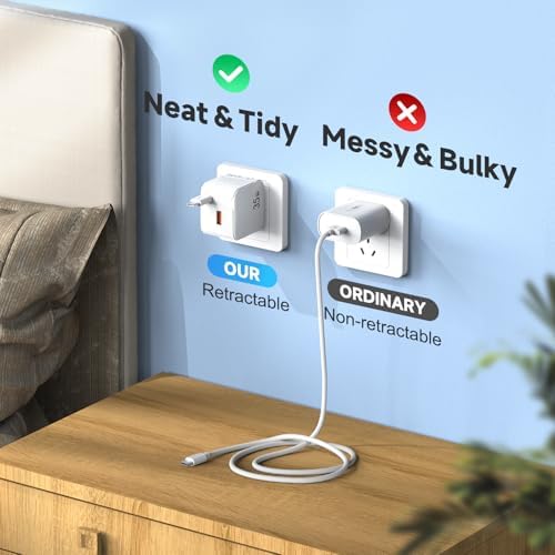 Ultimate 35 W Dual USB-C Charger with Retractable Cable – Fast Power Delivery for i Phone 16/15 Pro Max & Samsung Galaxy – Travel-Friendly 35.4-Inch Tangle-Free Design – Essential Charging Solution for Professionals and Mobile Users Seeking Efficiency