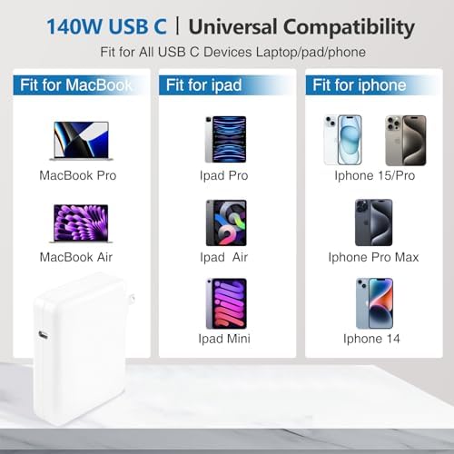Versatile 140 W USB-C Power Adapter for Mac Book Pro & Air – Fast Charging Solution for All USB-C Devices | 6.6 ft USB-C to C Cable Included | High-Efficiency Design with Overload & Heat Protection | Ideal for Mac Book Pro 16″, 15″, 14″, 13″ Models & i Pad Pro | Unmatched Performance with 99% Efficiency & Wide Compatibility | Safe Charging for Laptops, Tablets, & Smartphones