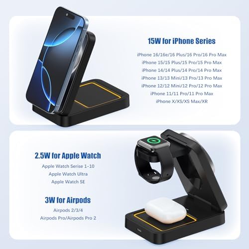 Versatile 3-in-1 Foldable Wireless Charging Station for Apple Devices – Magnetic Mag Safe Stand for i Phone 16/15/14/13/12/11 Pro Max, Apple Watch Series, and Air Pods – Portable Fast Travel Charger with Enhanced Stability and Safety Features
