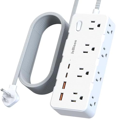 Ultimate Power Strip Surge Protector – 8 Outlet Multi Plug Adapter with 4 Fast-Charging USB Ports (2 USB-C), 5 FT Flexible Extension Cord, 45° Ultra-Slim Flat Plug Design for Seamless Wall Mounting in Office, Travel, or Dorm Settings – Superior Device Protection and Charging Efficiency
