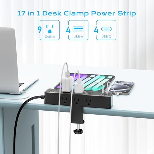 Revolutionize Your Workspace with ACOZVIN 17-in-1 Desk Clamp Power Strip – 40 W Fast Charging Hub, 9 AC Outlets & 8 USB Ports (4 USB-C) for Ultimate Device Connectivity, 10 ft Flat Plug Surge Protector Perfect for Home Office Efficiency and Safety