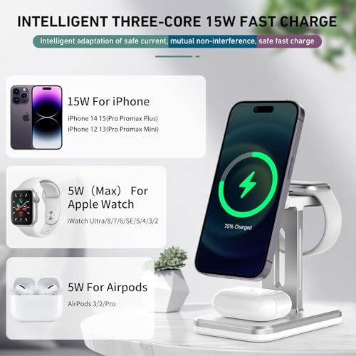 15 W 3-in-1 Wireless Charging Station for Apple Devices – Fast Charging Dock for i Phone 16/15/14/13 Pro Max, Apple Watch 9/8/7/6/5, and Air Pods Pro 3/2 – Sleek Multi-Device Charger with Enhanced Speed and Safety Features