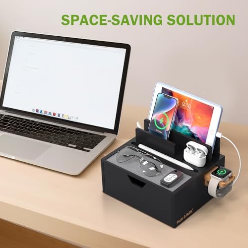 Bamboo Multi-Device Charging Station with 5-Port USB Hub & Drawer – Fast Charging Dock Organizer for Smartphones & Tablets – Eco-Friendly Power Solution with Enhanced Compatibility & Sleek Aesthetics