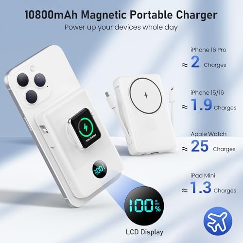 Revolutionary Magnetic Portable Charger for i Phone – 6-in-1 Power Bank with 10,800 m Ah Capacity, Built-in Cables, Apple Watch Charger, and LCD Display – 25 W PD Fast Charging for i Phone 16/15/14/13/12 and Mag Safe Compatibility – Ultimate On-the-Go Charging Solution