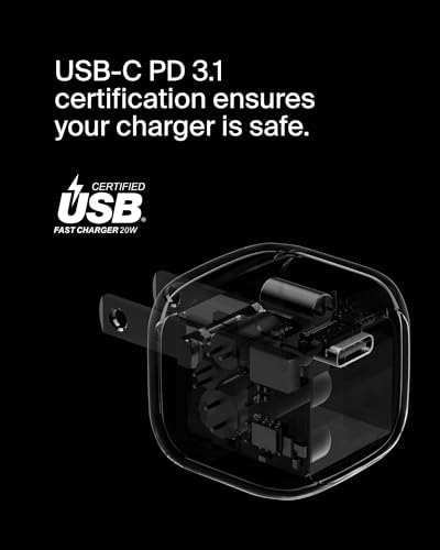 Belkin 20 W USB-C Power Delivery Charger Block – Ultra-Compact Fast Charging Adapter for i Phone 16, Samsung Galaxy S25, Google Pixel & More – Sleek, Portable Design with Advanced Safety Features for Home, Office, and Travel.