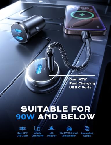 LISEN 90 W USB C Car Charger – Dual Fast Charging Adapter with PD 45 W for i Phone 16/15/14/13/12 Pro Max & Galaxy S25/S24/S23 – Includes 2 High-Quality Cables for Ultimate Compatibility & Speed on the Go