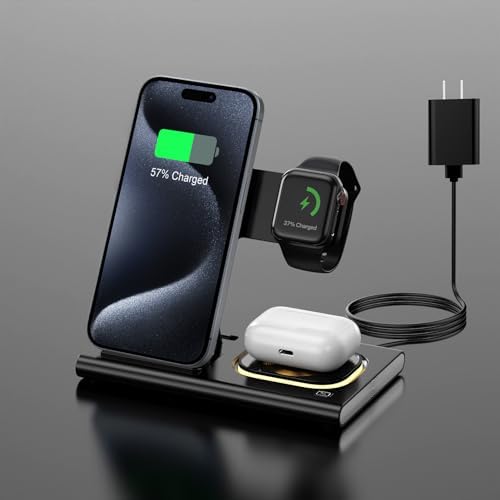 Ultra-Convenient 3-in-1 Foldable Wireless Charging Dock for Apple Devices – Rapid Power-Up Station for i Phone 16/15/14/13/12/11/X/XS, Apple Watch Series 10/9/8/7/Ultra2/Ultra/SE, and Air Pods Pro/2/3/4 – Lightweight Travel Charger with Integrated LED Light for Enhanced Portability and Efficiency