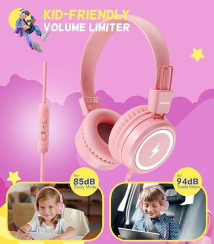 Kid-Friendly USB Type C Headphones with LED Lights – Safe Volume Limiter (85 d B/94 d B) for School Use, Foldable On-Ear Design for Comfort and Portability, Integrated Microphone for Learning and Gaming Fun – Perfect for i Pad and More