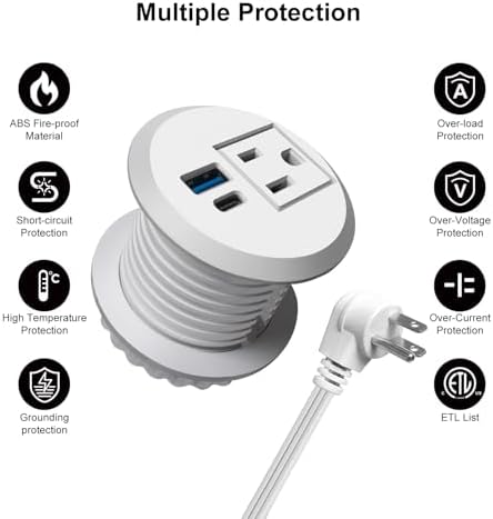 Transform Your Workspace with the 20 W USB-C Fast Charge Recessed Power Grommet – 2-Inch Flush Mount Desk Outlet Featuring 6.5 FT Extension Cord for Effortless Connectivity in Home, Office, School, or Hotel – Ultimate Space-Saving Power Solution with Enhanced Device Compatibility