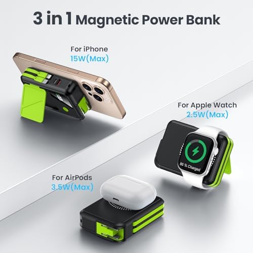 Revolutionary 3-in-1 Magnetic Wireless Power Bank – 10,000 m Ah Capacity with Built-in Cables and AC Plug – 22.5 W Fast Charging for i Phone 15/14/13/12, Apple Watch, and Air Pods – Ultimate Travel Companion for Seamless Device Charging