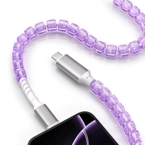 Stylish MFi Certified USB C to i Phone Charger Cable – 3 FT Square Beaded Purple Design for Rapid 66 W Fast Charging & High-Speed Data Sync – Compatible with i Phone 14, 13, 12, 11 Plus, Pro Max & i Pad 9 th/8 th – Durable, Elegant, and Efficient Charging Solution