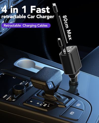 Ultimate 4-in-1 Retractable Car Charger with Dual USB Lightning Ports – 60 W Fast Charging Solution for i Phone 11-16, Tangle-Free 2.6 Ft Cables, Compact Design for Effortless On-the-Go Power Management